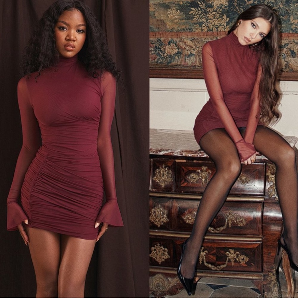 House of CB Burgundy Long-Sleeve Ruched Mini Dress